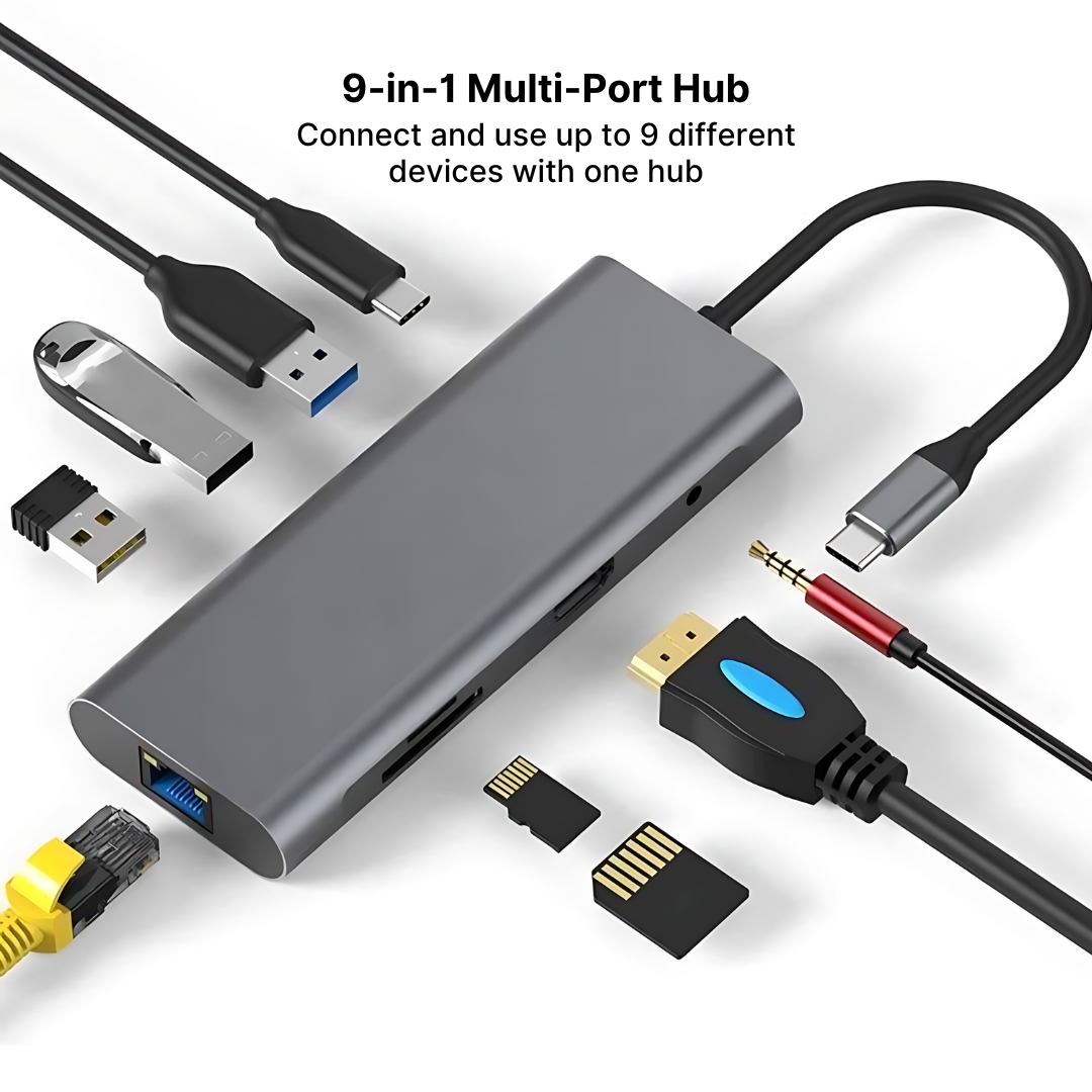 Aluminum 9-in-1 USB-C Hub with 4K HDMI, PD Fast Charge