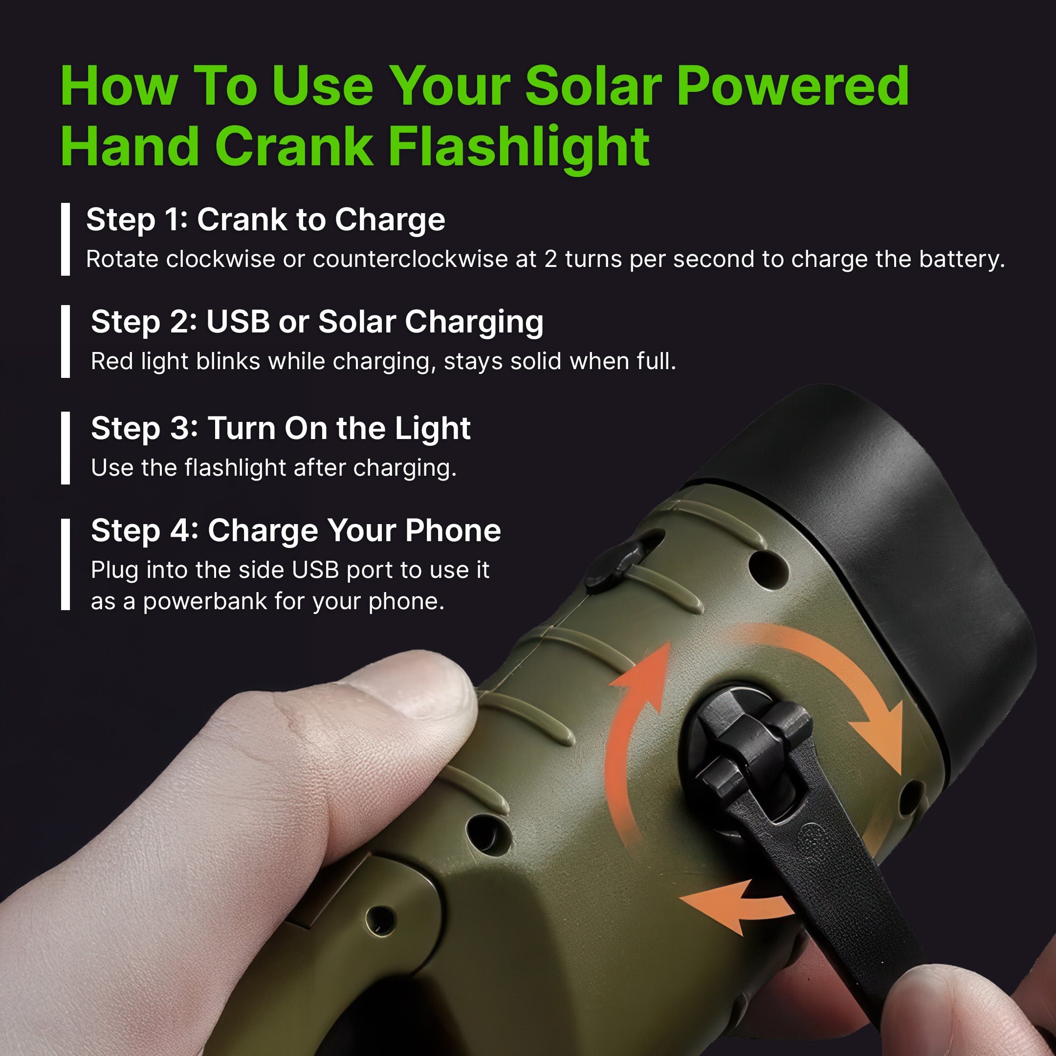 Solar Powered Hand Crank Flashlight with Powerbank